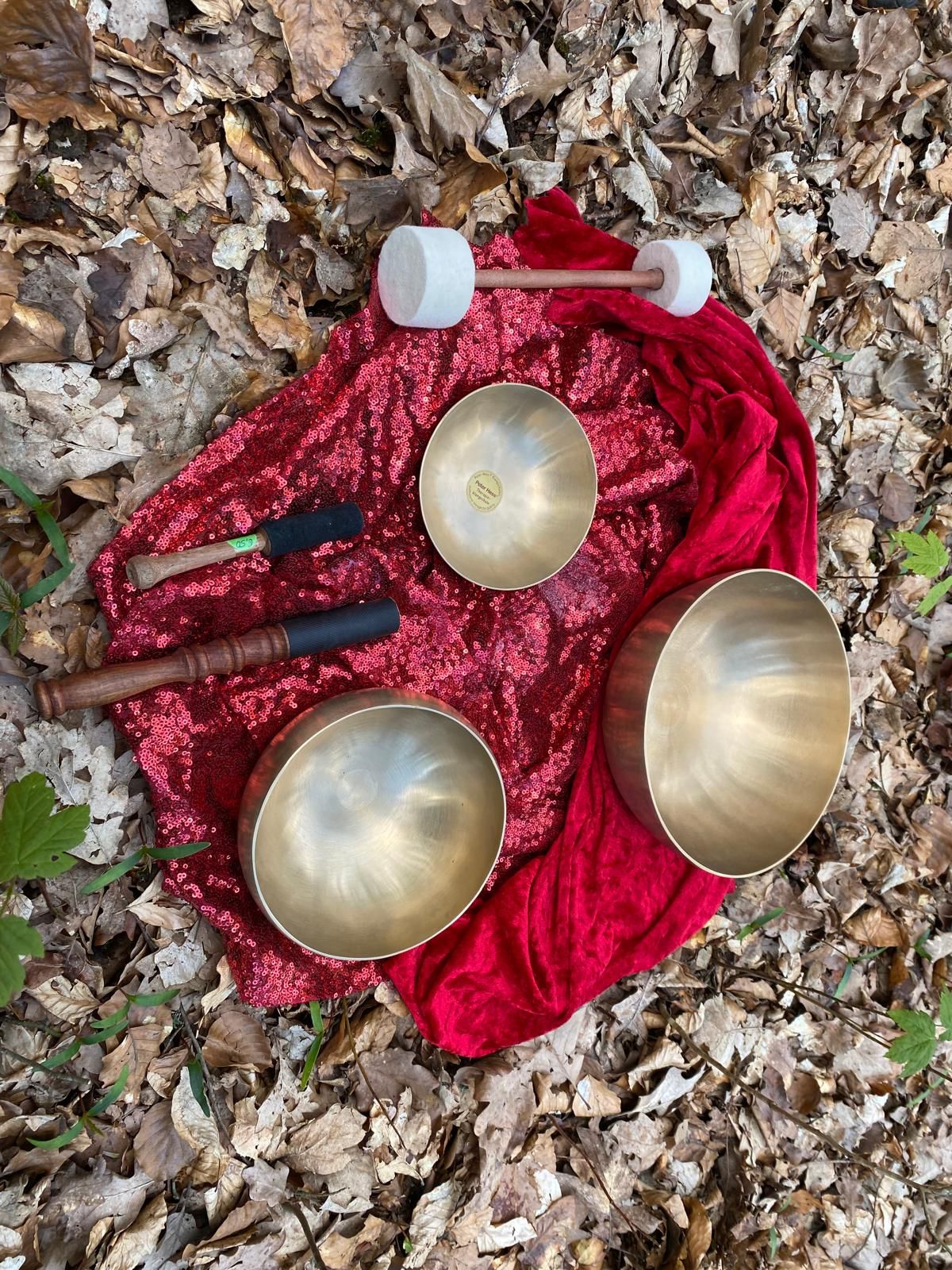Ein Bild vom Waldboden auf dem ein rotes Tuch platziert ist mit vielen Klangschalen und Schlegeln.